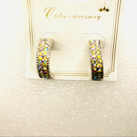Earrings Crystal Crescent iridescent double row. Pierced - Picture 12 of 16